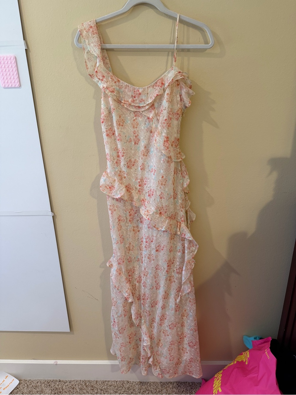 Storia Cream Maxi Dress with Pink Floral Ruffles
